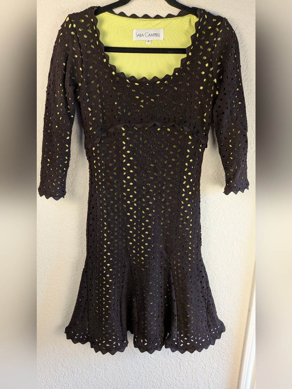 Sara Campbell Laser Cut Knit Midi Dress Size 8 Chocolate Brown Neon Green Rare